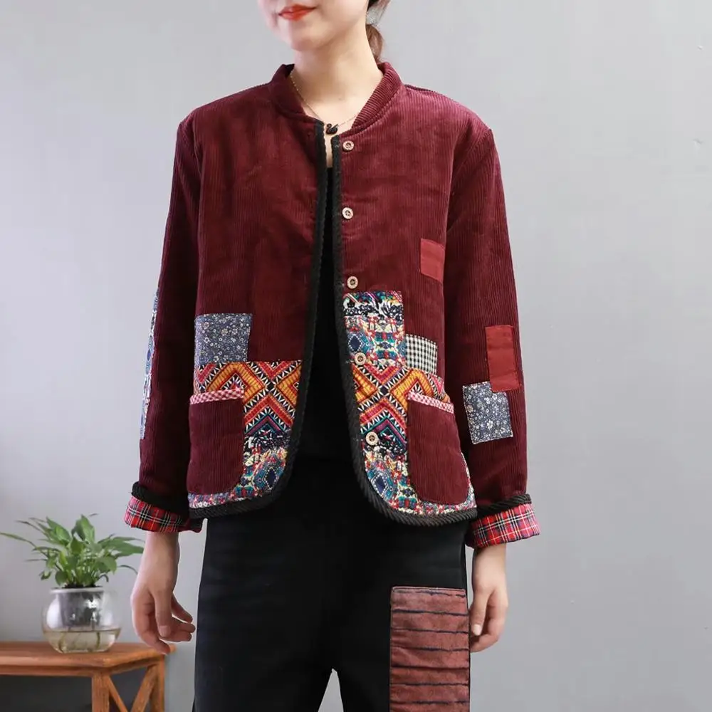 Национальная ветровая стеганая Вельветовая хлопковая куртка для женщин на осень