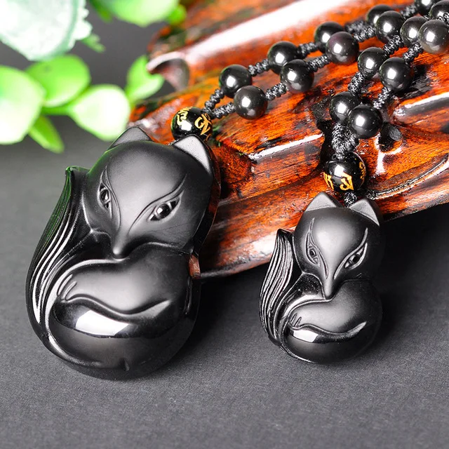 

Natural Black Obsidian Gemstone Fox Pendant Necklace Women Men 49x36mm Black Obsidian Pendant Fashion AAAAA