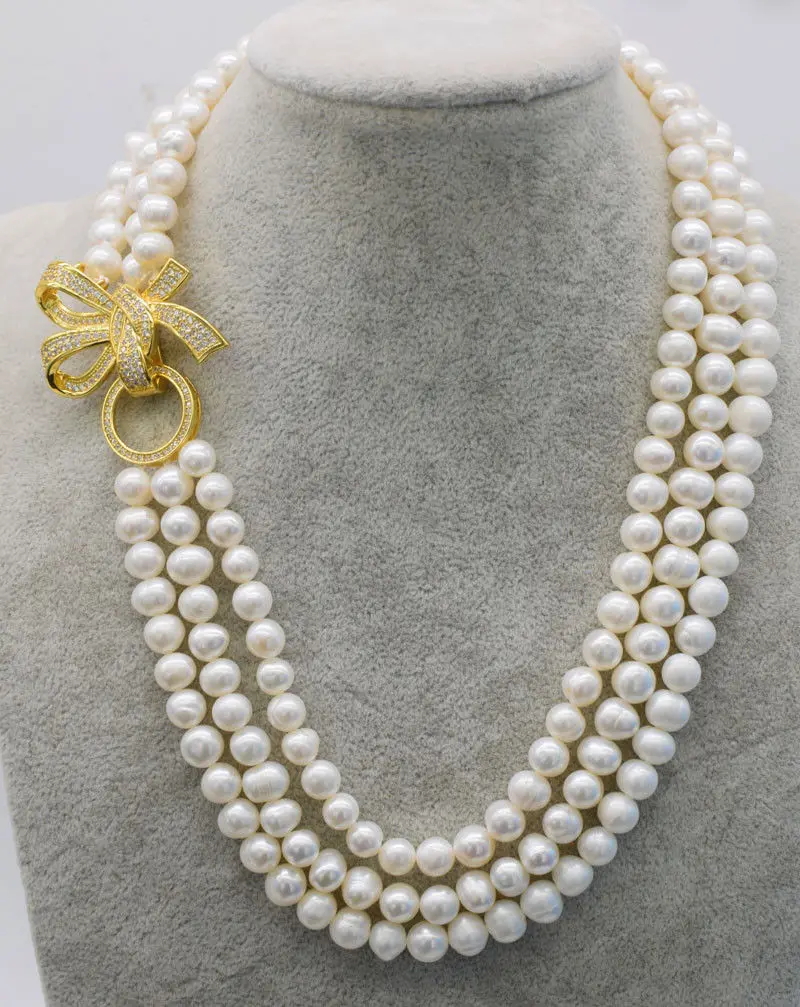

Natural 3rows freshwater white pearl near round 7-8mm pearls 18-20" with zircon clasp necklace