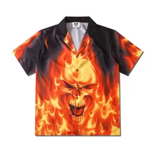 Chemise hawaïenne à manches courtes pour homme, vêtement surdimensionné, élégant, imprimé crâne de flamme, pour la plage ou les fêtes, nouvelle collection été 2021