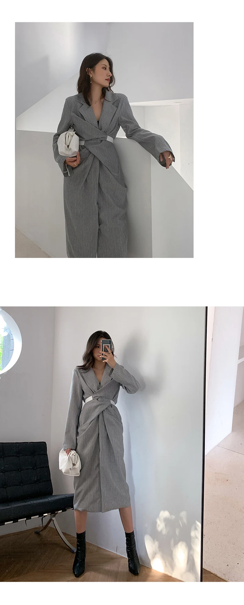 [EAM] Women Gray Pleated Knot Long Elegant Dress New V-collar Long Sleeve Loose Fit Fashion Tide Spring Summer 2020 1W485