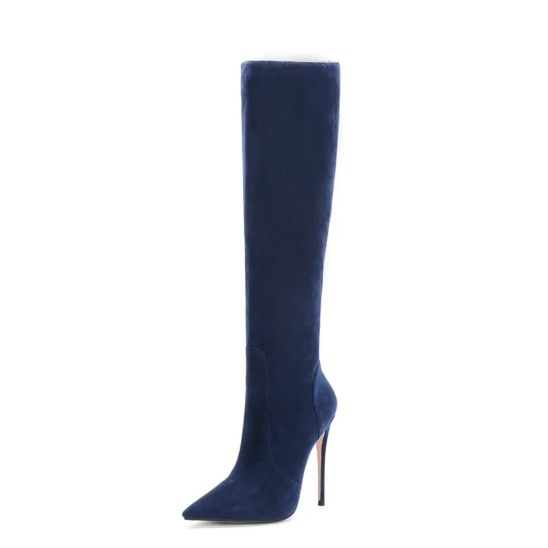 Blue 12CM Heels Новинка; Женская обувь; ботинки сапоги до колена модные сапоги на высоком каблуке Зимние острый носок ботинки большого размера - Цвет: Blue 12CM Heels