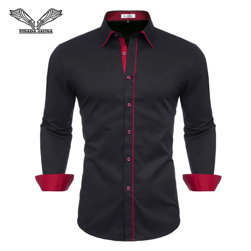 VISADA JAUNA, новинка, мужская деловая рубашка с отворотом, модная, повседневная, большой размер, длинный рукав, одноцветная рубашка, размер S-2XL, TLH51 - Цвет: Black