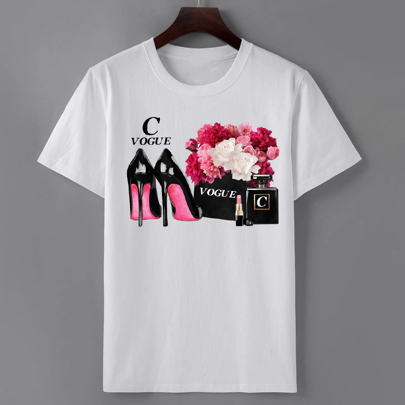

Summer Women T-shirt Flower Brand Perfume Bottle Vogue Cotton T shirt Aesthetic Bag Print Tshirt Lipstick High Heels Street Top