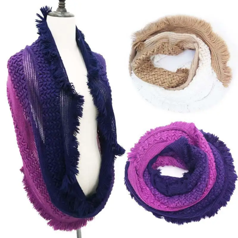 

Women Girl Ethnic Gradient Color Infinity Scarf Fringe Tassels Trim Winter Lady Crochet Knitted Thicken Loop Wraps Neck Warmer