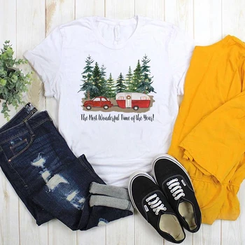 

Women Printed Womens Truck Winter Trees Camper Printed T Top Graphic Tee Ladies Tshirt Female T-shirt Merry Christmas Shirts