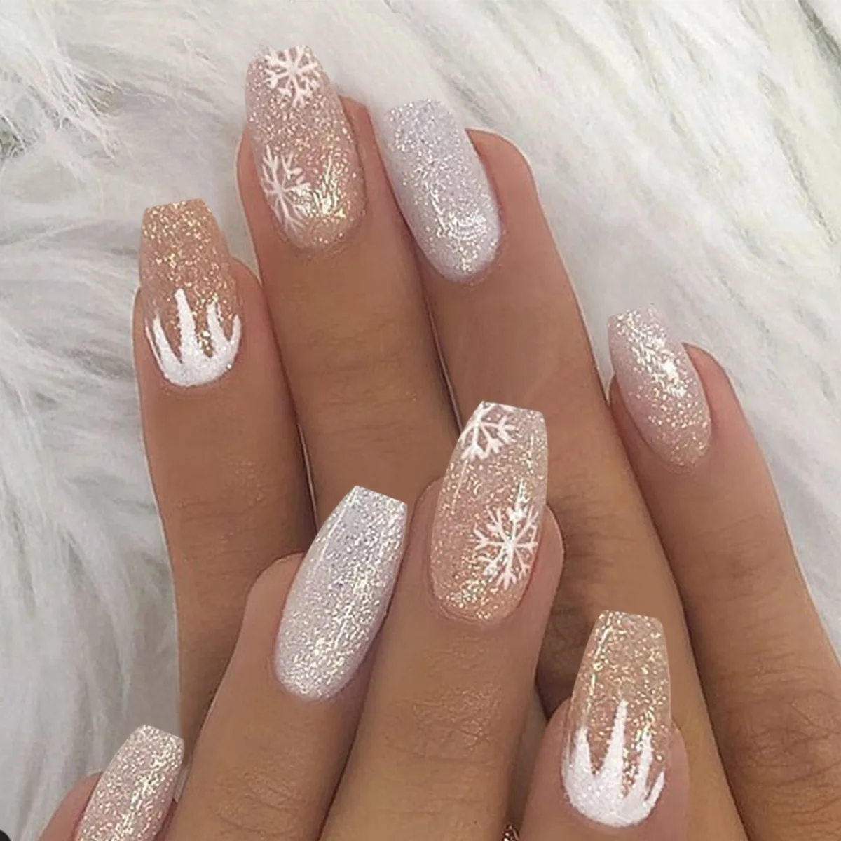Ongle En Gel Blanc Et Paillette Faux ongles en gel à tête plate, paillettes, flocon de neige, argent, blanc,  nickel é, Noël, hiver, couverture complète, presse, N64.2022, 24 pièces |  AliExpress