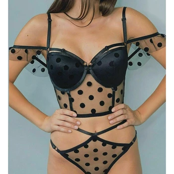 

Sexy Women Lingerie Bra Cropped Bustier Polka Dot Lace Off shoulder Bralette Bralet Bra Top High waist G-String Underwear Set