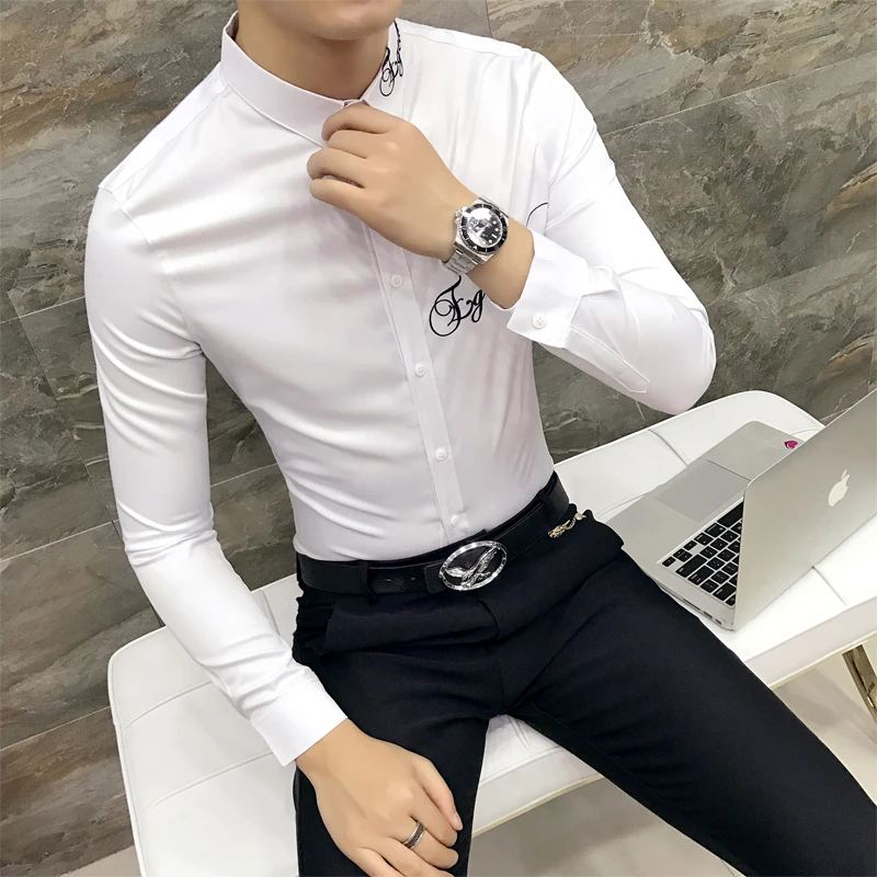 Модные мужские вечерние рубашки с длинным рукавом Camisa Social Masculina черно белые