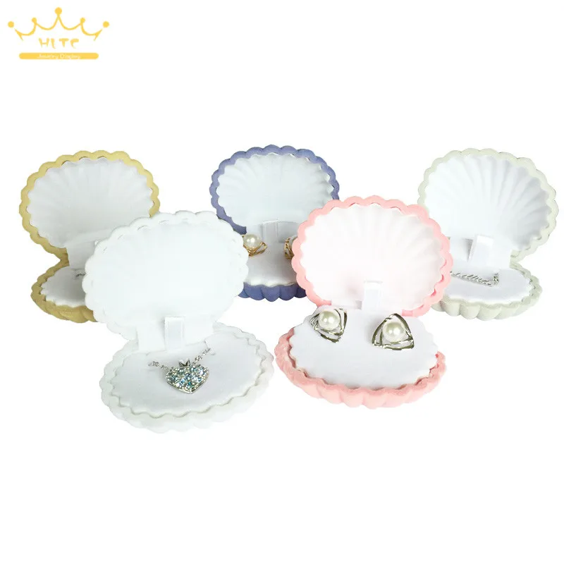 10pcs/lot Shell Shape Lovely Velvet Wedding Engagement Ring Box For Earrings Necklace Bracelet Jewelry Display Gift Box Holder lovely hexagon shape velvet jewelry ring box double storage box wedding ring display for women gift earrings packaging pink