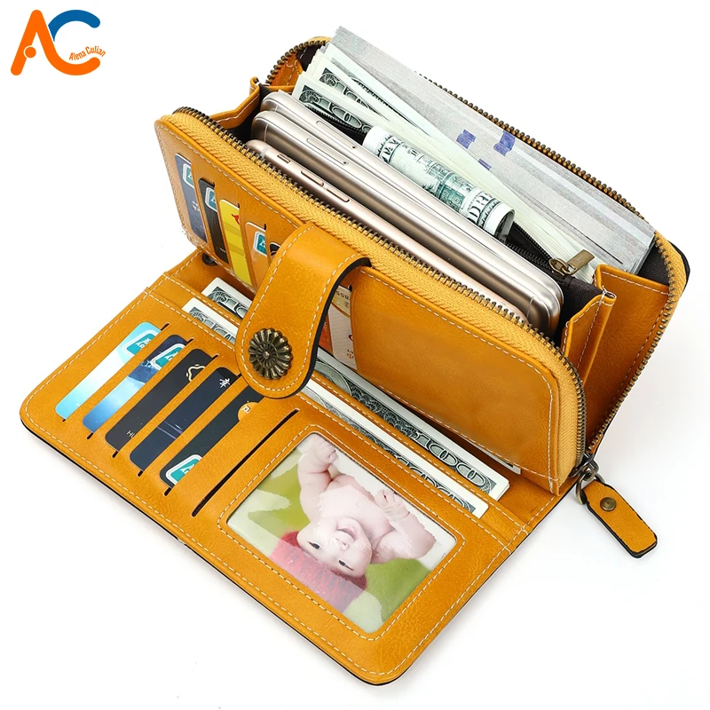 

Alena Culian Hollow Out Waxy Oil Leather Women Wallet Trendy High Capacity Quality Ladies Clutch Card Wallet cartera mujer