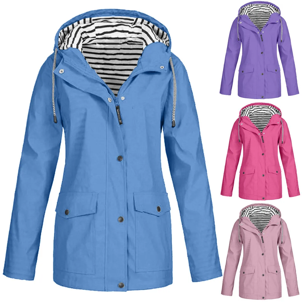 

Women Solid Rain Jacket Outdoor Plus Size Womens Coat Waterproof Hooded Raincoat Windproof Pockets Drawstring Slim Coats Top