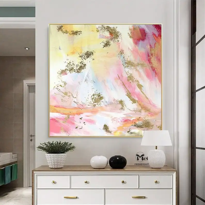 

Large Pink Abstract Painting Pink Textured Painting Colorful Wall Paintings Gold Leaf Painting Blush Pink Wall Art Home Decor
