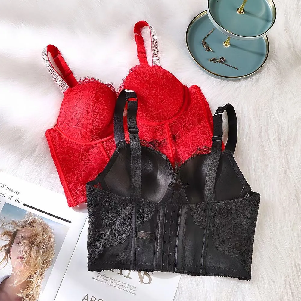 sexy bra and panty 2021 Lingerie Sexy Lace Rhinestone letters Bra Women Underwear Push Up Large Size Vintage Lace Corset For women Top Camis red bra and panty sets