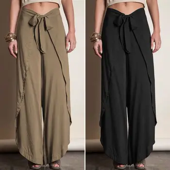 

Plus Size Women's Spring Trousers ZANZEA Fashion Wide Leg Pants Casual Elastic High Waist Pantalon Palazzo Belted Solid Turnip 7