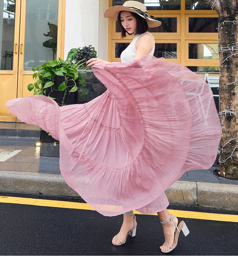 

New Women's Chiffon Pure Color Maxi-Skirt A-Line Elastic High-Waist Fashion Female Beach-Party Korean-Style Fairy-Put Big Skirt