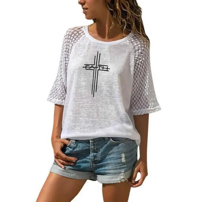 

New Arrival T-Shirt For Women Geometric Faith Letters Print Lace Crew Neck T-Shirt Top Women T-Shirt Tshirt Cropped Funny Tops