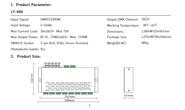 DMX декодер 24CH RGB/RGBW декодер DMX-PWM декодер; DC5V-24 V вход; 3A* 24CH Макс. 1728 Вт XLR-3/RJ45 порт LT-880-DMX/RDM CV декодер