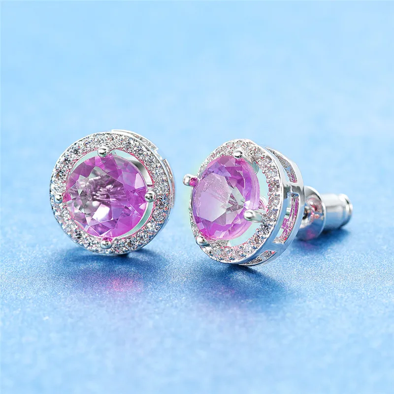 Purple Pink Шарм женский циркон с радужным блеском клипсы с камнем серьги из стерлингового серебра 925 Круглые серьги Винтажные серьги для невесты для женщин - Окраска металла: Purple Pink