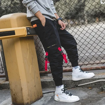 

Ribbons Men's Overalls Streetwear Leisure Jogger Sweatpants 2020 Fashionable High Quality Men's Trousers Multi Pocket Pants