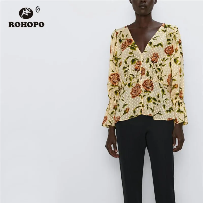 

ROHOPO Butterfly Long Sleeve Red Rose Autumn Chiffon Blouse Front Buttons Embroidery Polk Dot Ruffles V Collar Holiday Tops 9341