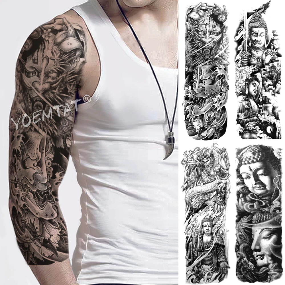 

тату Большая рука рукав татуировки Дракон Будда Prajna водонепроницаемый временный поддельные татуировки стикер череп японский Мужчины Женщины Полный тотем татуировки