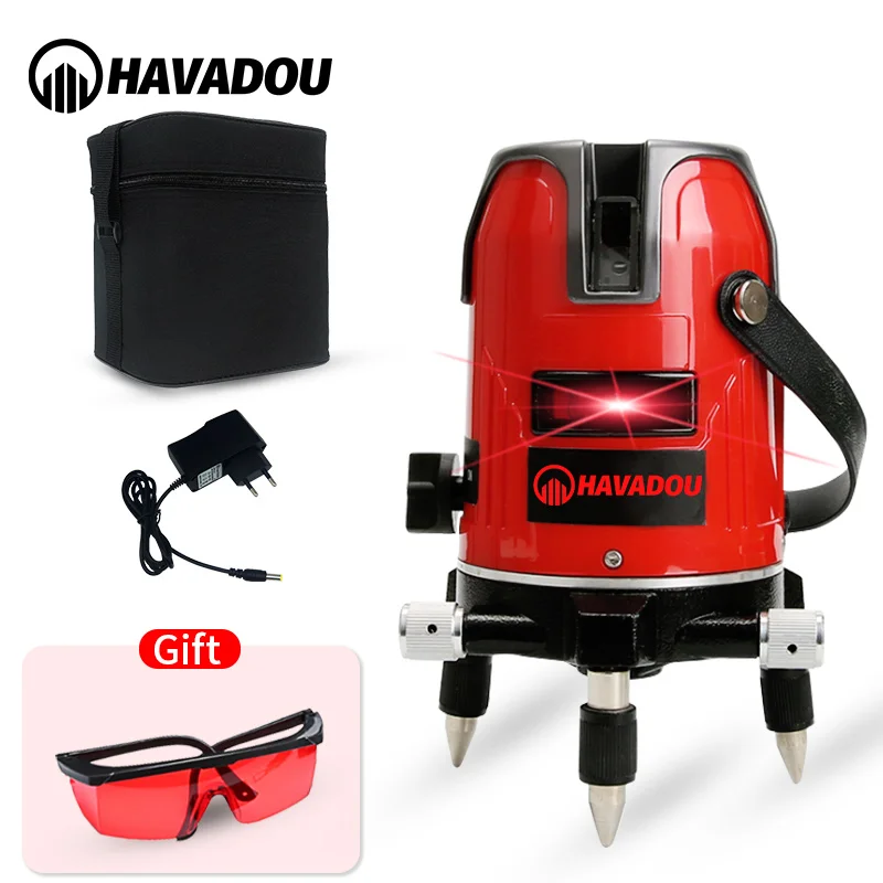 

HAVADOU 5 Lines 6Points Red Laser Levels 360Â°Self Leveling Adjustment Vertical&Horizontal Rotary LD 635nm Visibility