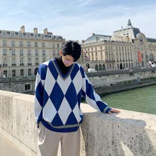 Men Vintage V-neck Loose Casual Knitted Pullover Sweater Male Streetwear Fashion Geometric Pattern Sweaters