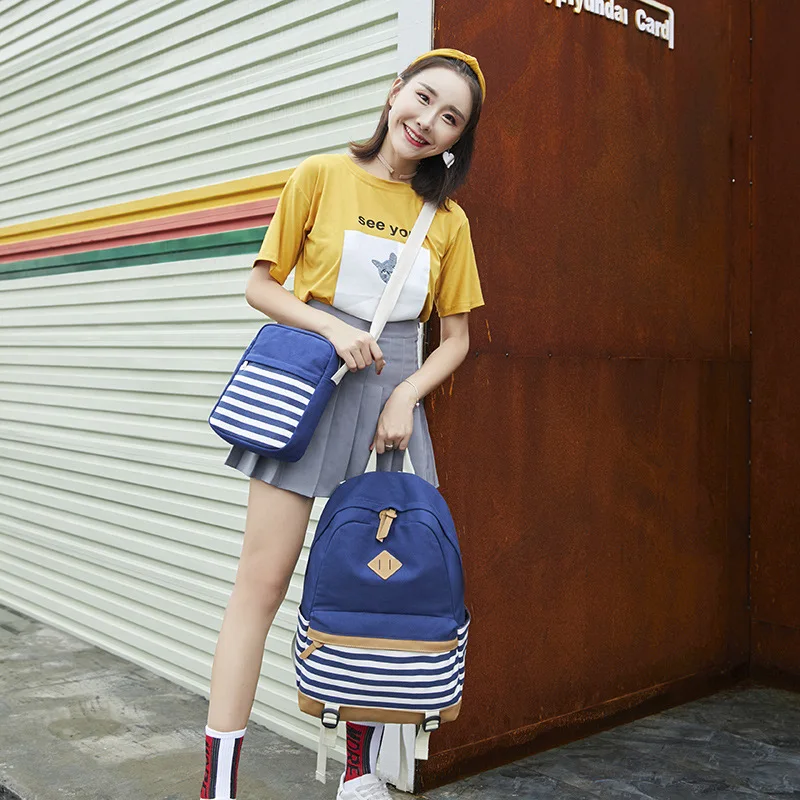 The New Three-piece Large-capacity Striped Backpack Casual Student Bag