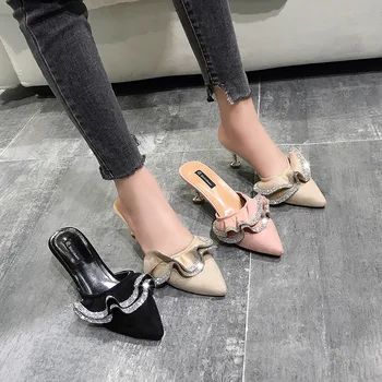 

Women Summer Mules Slippers High Heels Shoes Ladies Crystal Pointed Toe Female Outside Shoes Woman Slip-on Sandals Zapatos Mujer