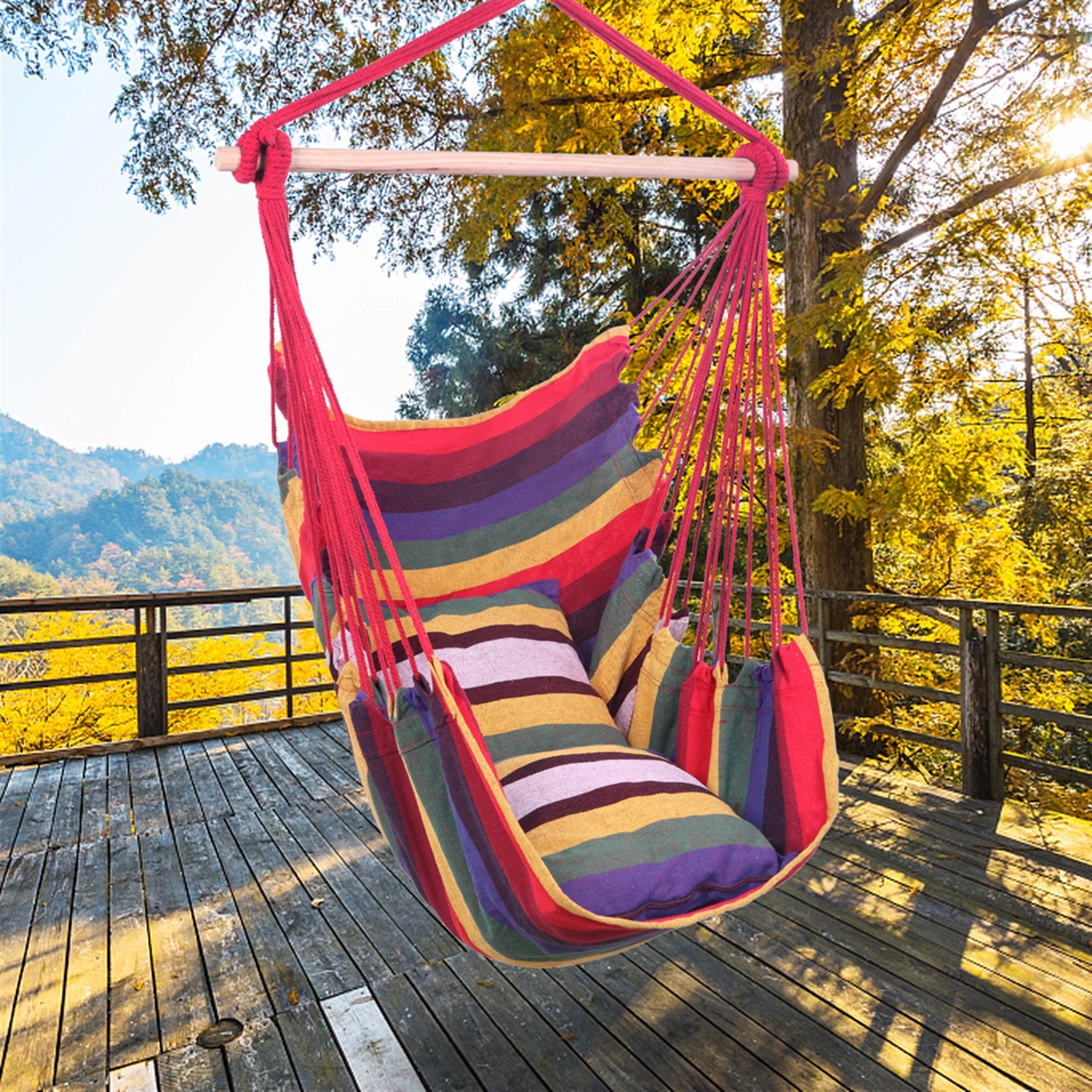 Outdoor Hammock Swing Chair with Pillow and Wooden Stick Hanging Swing Chair Portable Canvas Swing Travel Camping Lazy Chair