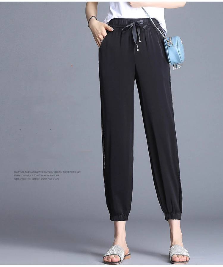 Chiffon casual pants female summer thin ice silk nine points beam feet harem pants loose and thin net yarn lantern radish pants capri leggings with pockets