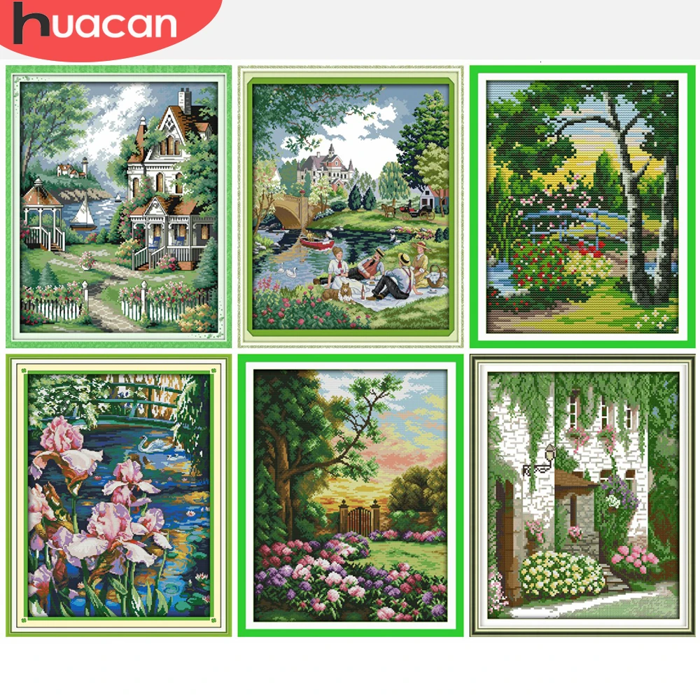 Huacan Embroidery Cross Stitch Scenery Needlework Sets Kits White