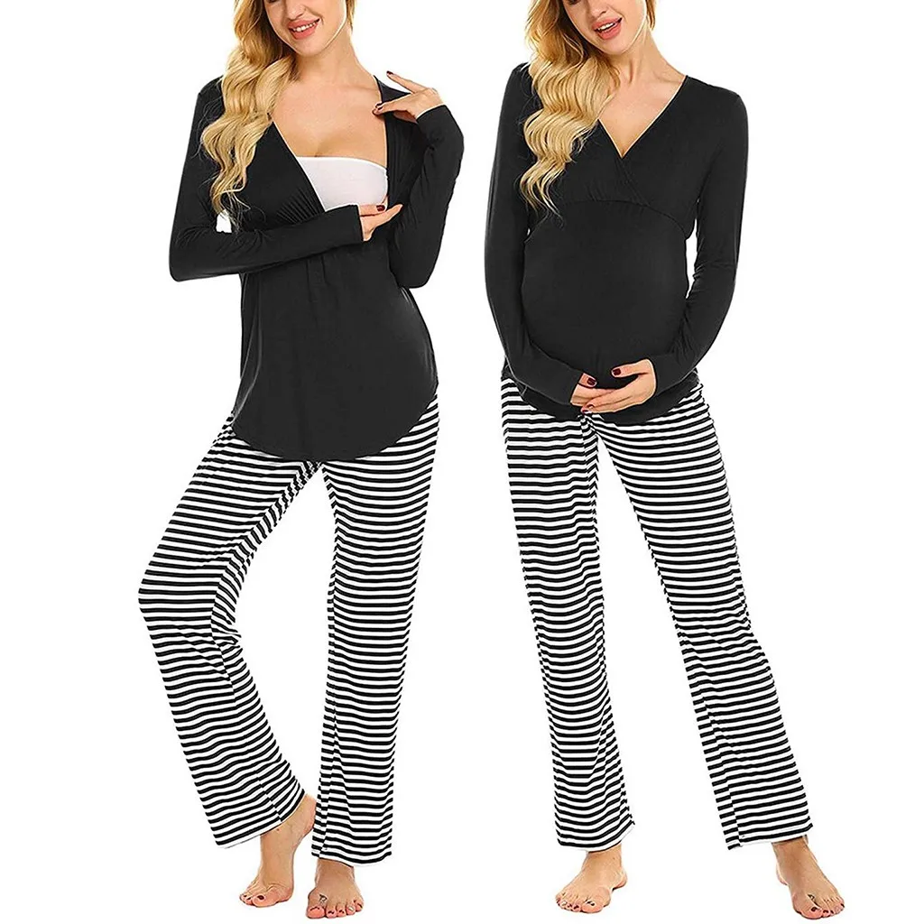 Пижама для беременных комплект пуловер для беременных рукав v-образный вырез Грудное вскармливание футболка регулируемые полосатые штаны пижамы