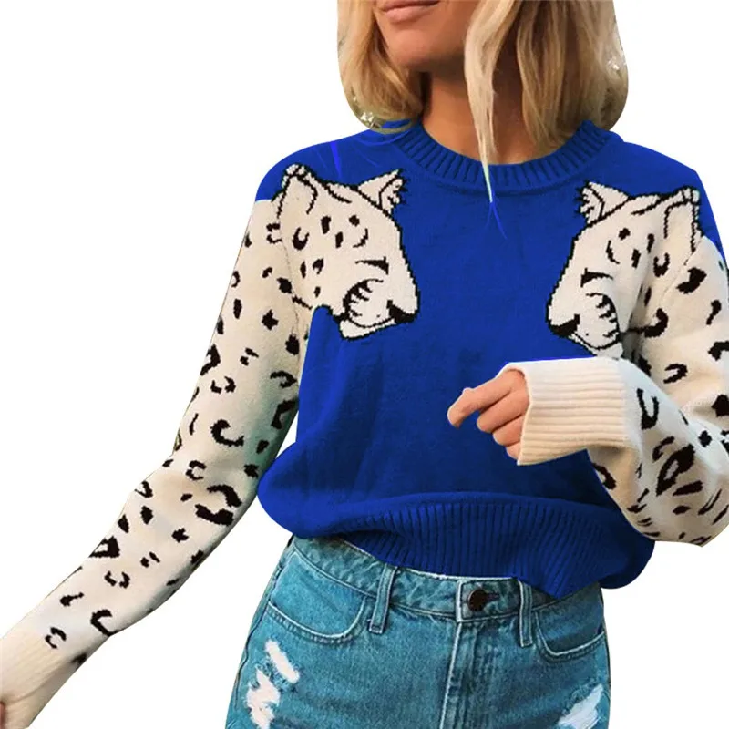 

2019 autumn and winter knitted short sweater, women's leopard long-sleeved knit sweater pullover casual loose top