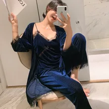 Золотая Бархатная модная Пижама для женщин халат и платье комплект из 3 предметов сексуальный кружевной халат Домашняя одежда для сна Женская