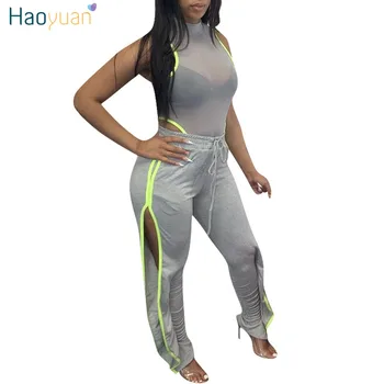 

HAOYUAN Ruffle Split Ruched Flare Pant Women Elastic Joggers Summer Legging Bell Bottom Trouser High Waist Stacked Sweatpants