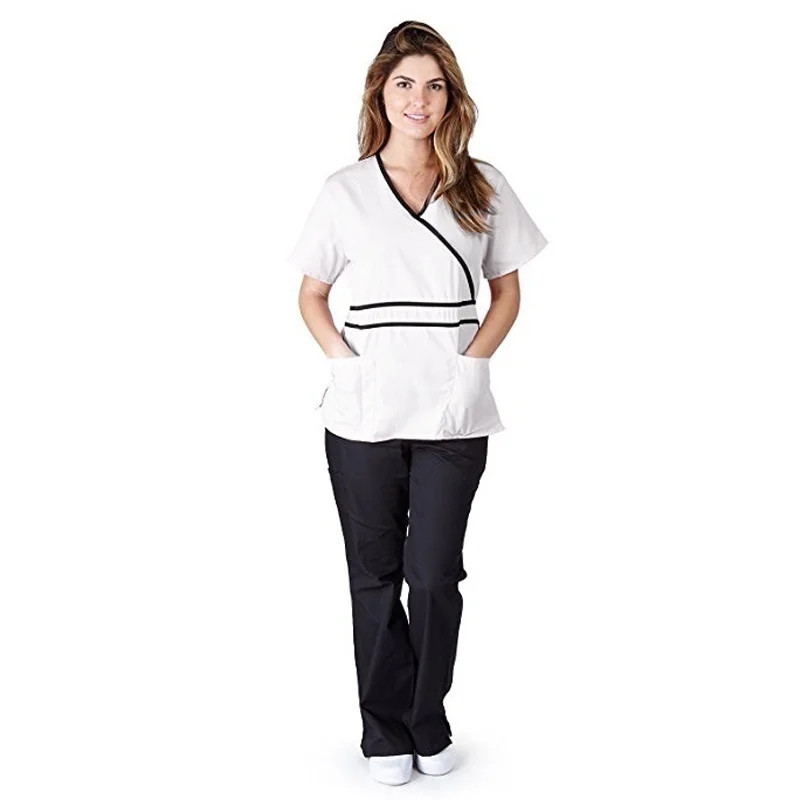 Women's Fashion Scrub Set Mock Wrap Top with Back Tie + Elastic Waistline Pants