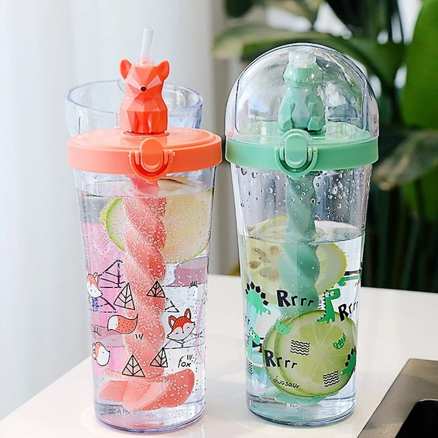 Creative cup cute funny water bottle cute animal design with straw plastic water  bottle cartoon mixing