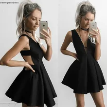 Маленькое черное короткое выпускное платье трапециевидной формы с открытой спиной, Вечерние Коктейльные мини-платья размера плюс на заказ