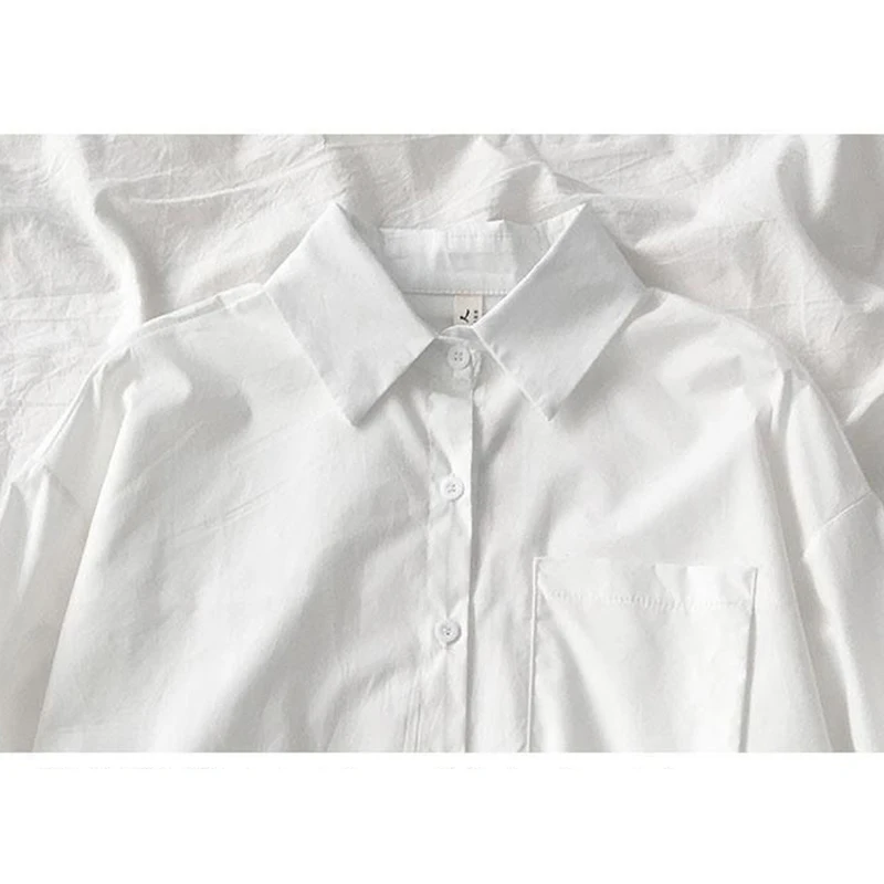 womens shirts White Plain Loose Oversized Blouses Female Tops Loose BF Korean Style Blusas Pockets Chiffon clothes album vintage Women Shirts silk blouses