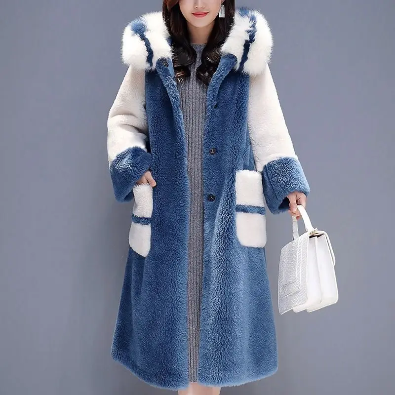 Высокое качество, Длинные теплые зимние женские пальто из овчины, чистый цвет, Воротник из лисы, искусственный мех, большие размеры, кашемировое пальто D191014