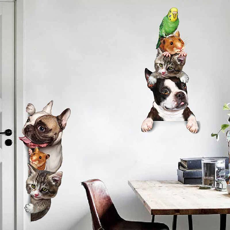 3D cat dog animals door wall stickers removable wall decals refrigerator sticker