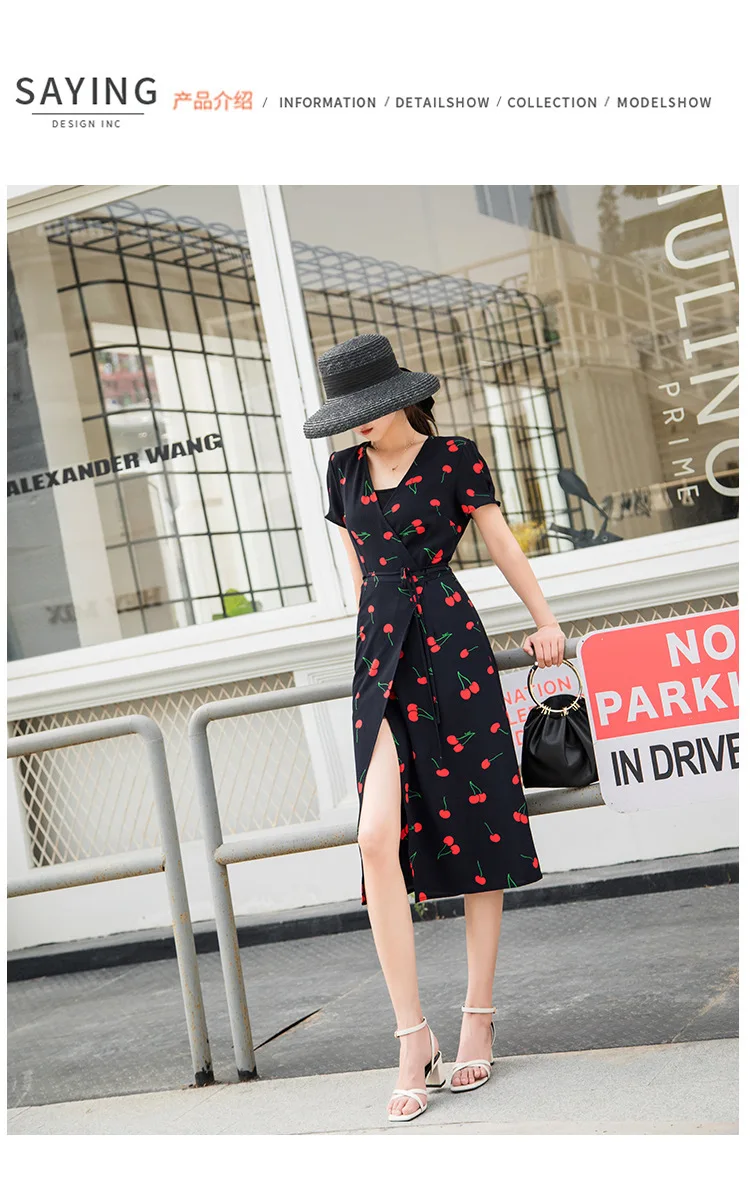 Cherry Print Wrap Dress Sexy V neck 