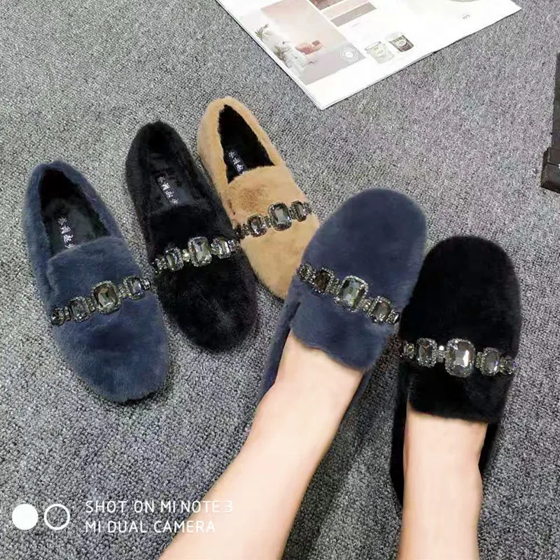

Glitter Chains designer fur moccasins brand plush oxford shoes women round toe slip on crystal espadrilles winter creepers flats