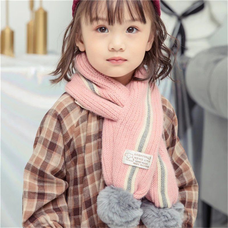 

Autumn and winter Korean version of the new napped striped fur ball children scarf knitted wool double thick warm baby scarf