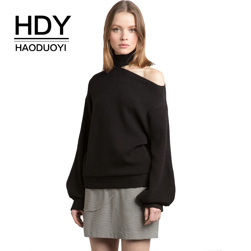 

HDY Haoduoyi Women Casual Fashion Sexy Lantern Sleeve Asymmetric Strapless Solid Dailywear Loose Kawaii Standard Sweater
