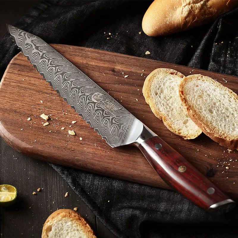 

YARENH 8 Inch Bread Knife - 67 Layers Damascus Stainless Steel - For Cutting Bread Cake Kitchen Chef Knives - Rosewood Handle