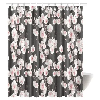 

Cherry Blossom Shower Curtain Decor, Japanese Pink Floral Flower Asian Style Artwork with Painting Effect, Fabric Bathroom
