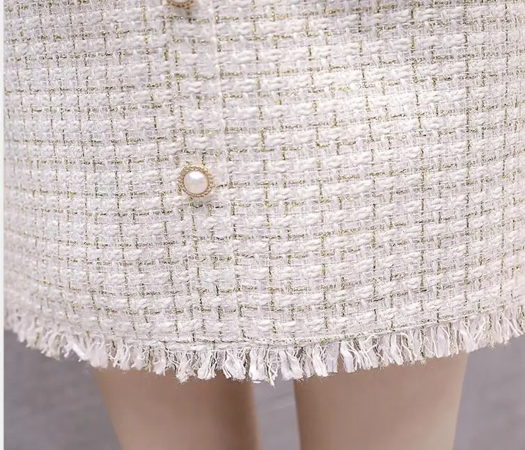 Высококачественная твидовая юбка женская осень зима новая золотая тканая отделка жемчужная пуговица кисточка подол короткая юбка женская клетчатая шикарная юбка